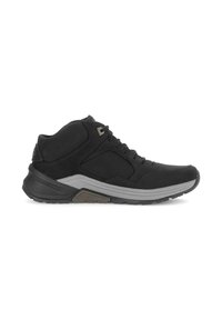 Zwarte high-top schoenen van suède, met een gevoerde zool, grijze accenten en een stevige constructie met een gestructureerd oppervlak en vetersysteem.