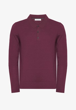 Maglietta polo a maniche lunghe in bordeaux scuro, con scollo a collo, abbottonatura a tre bottoni e polsini a coste. Tessuto morbido in maglia.