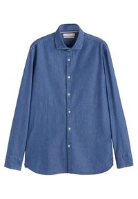 Camicia in denim blu a maniche lunghe con chiusura a bottoni e colletto, esposta piatta su sfondo bianco.