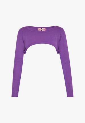 Fialový žebrovaný top s dlouhým rukávem a širokým výstřihem, který má přiléhavý střih a hladkou texturu. Na štítku je uvedeno jméno značky "maesita."