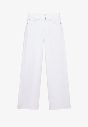 Weiße, hoch taillierte Jeans mit weitem Bein, Knopf- und Reißverschluss, Taschen vorne und hinten sowie silbernen Nieten.