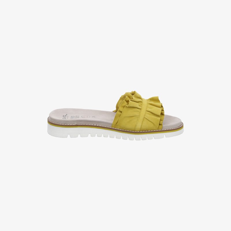 Yellow slide sandal with ruffled fabric strap, beige cushioned footbed, and white textured rubber sole.