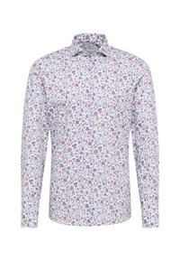 Langærmet skjorte i hvidt stof med et blomstermønster, der har lyserøde, lilla og grønne accenter. Knappet krave og manchetter med detalje.