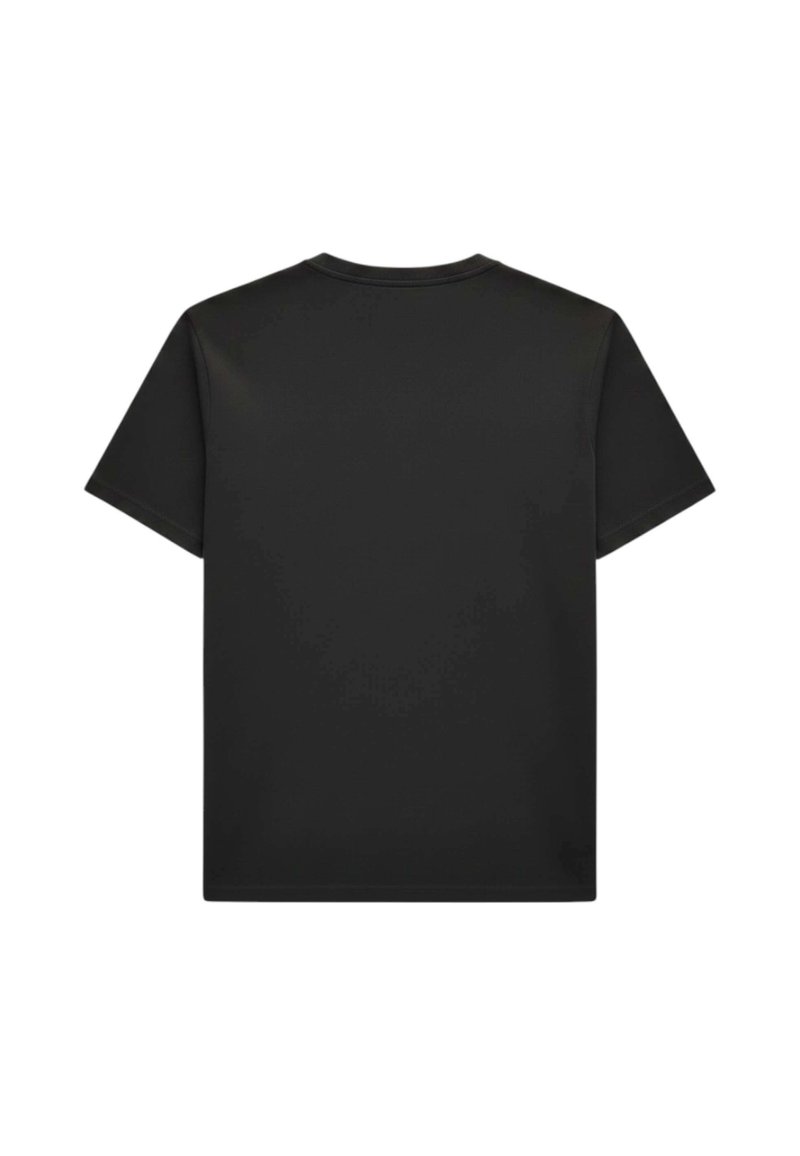 Plain black short-sleeve t-shirt shown from the back with a crew neck and straight hem.