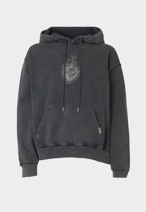 Hooded sweatshirt in dark gray, made of soft fabric. Features a front pocket and an embroidered heart design. Loose fit with ribbed cuffs.