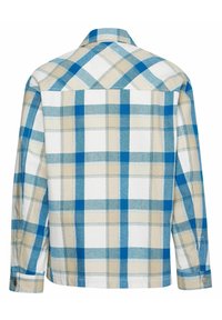 Rutigt skjorta i blått, beige och vitt. Tillverkad av tyg med en slät textur. Har en spetsig krage och knapp-muddar.