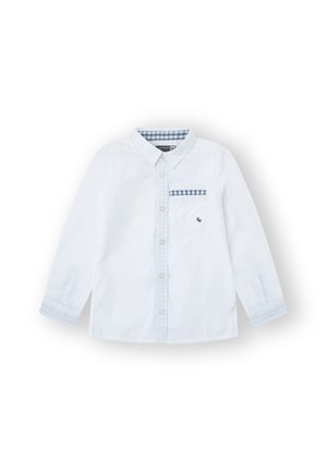 Camisa blanca de manga larga con botones en la parte delantera, bolsillo en el pecho con patrón a cuadros y cuello clásico. Fabricada con una mezcla de algodón ligero.