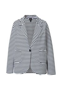 Raidallinen blazer, jossa valkoista ja mustaa, kahden napin sulkeminen, läpät ja kaksi etutaskua. Pehmeä kangas ja istuva malli.