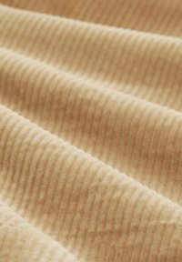 Gros plan d'un tissu en velours côtelé beige doux avec une texture côtelée verticale et des plis délicats.