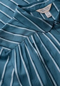Blue and white striped cotton shirt with collar, pleated front, and label reading "Seasalt Cornwall Organic Cotton" in UK size 10.