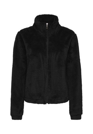 Schwarze Fleecejacke zum Zuziehen mit hohem Kragen und langen Ärmeln aus weichem, strukturiertem Stoff.