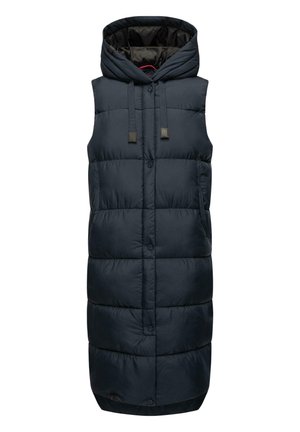Gilet imbottito senza maniche in blu scuro, con cappuccio, bottoni a pressione sul fronte, doppie tasche laterali e texture trapuntata. Materiale leggero.