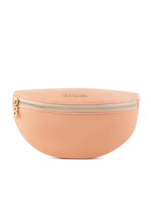 Peach-colored handbag with a rounded shape, smooth leather texture, gold zipper closure, and a logo embossed on the front.