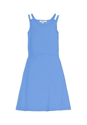 Vestido de tirantes azul acanalado con cuerpo ceñido y falda acampanada, que presenta tirantes delgados y una textura suave.