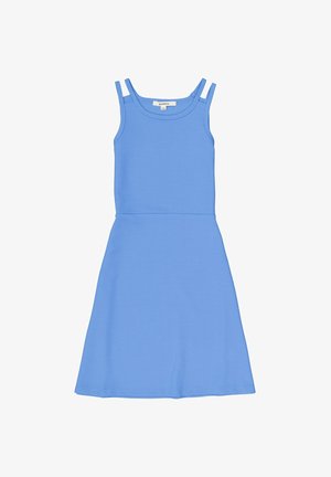 Vestido de tirantes azul acanalado con cuerpo ceñido y falda acampanada, que presenta tirantes delgados y una textura suave.