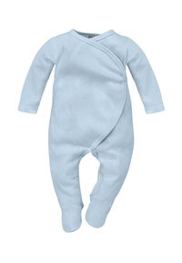 Lys blå ribbet babyheldragt med lange ærmer, omslag foran, trykknaplukninger og fodede ben. Blødt, strækbart bomateriale.