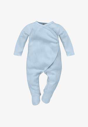 Light blue ribbed baby jumpsuit with long sleeves, wrap front design, snap closures, and footed legs. Soft, stretchy cotton material.