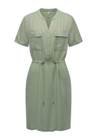 Robe courte vert clair à manches courtes avec un col, deux poches poitrine, taille à cordon et tissu doux et respirant.