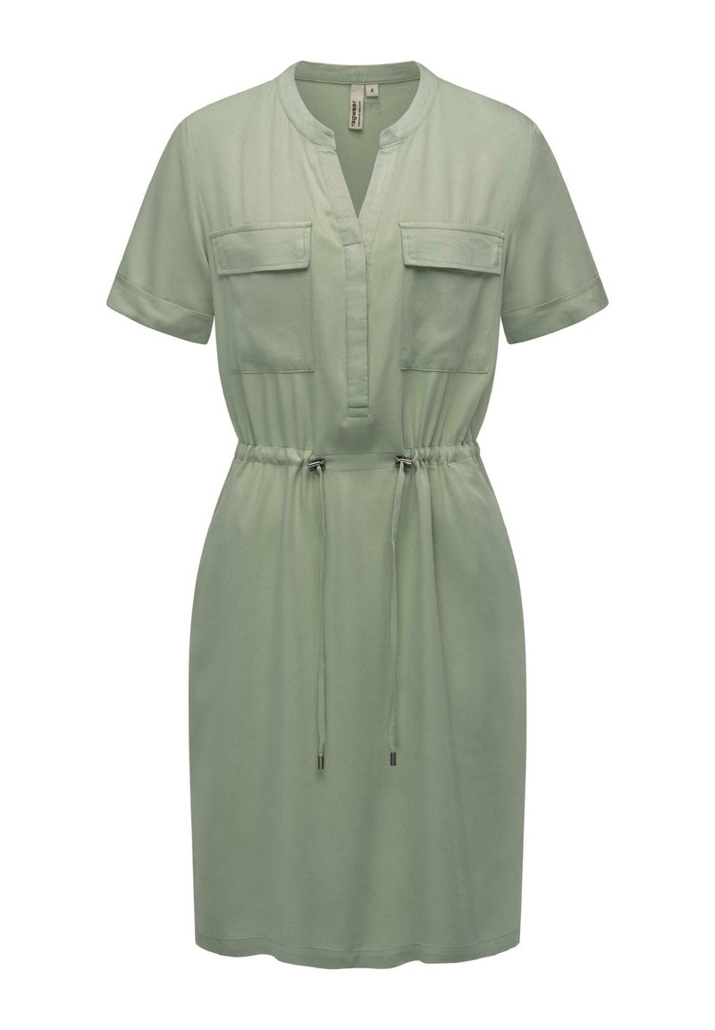 Robe courte vert clair à manches courtes avec un col, deux poches poitrine, taille à cordon et tissu doux et respirant.