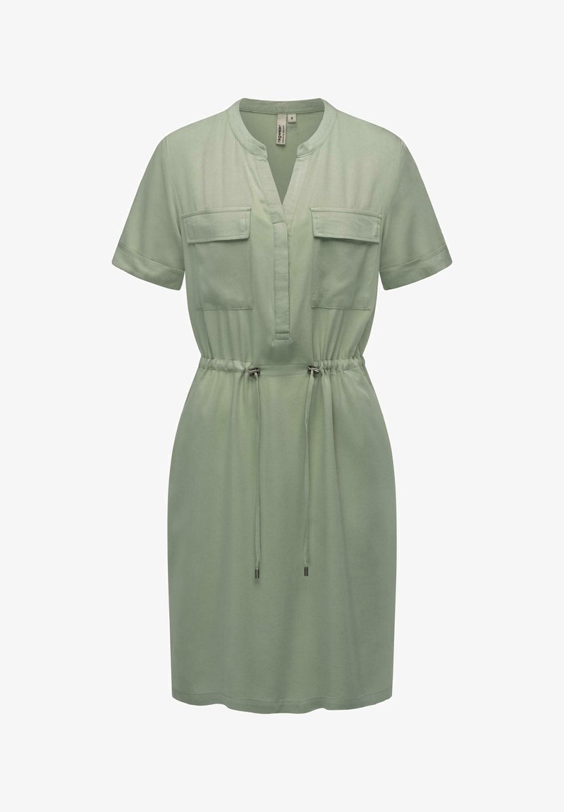 Svetlo zelena kratka obleka s kratkimi rokavi, ovratnikom, dvema žepoma na prsih, pasom na vrvico in mehkim, zračnim materialom.