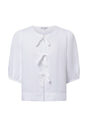 Weißes Leinenbluse mit kurzen puffartigen Ärmeln, Frontverschluss mit drei Stoffbändern und runder Halslinie. Leichtes und strukturiertes Material.