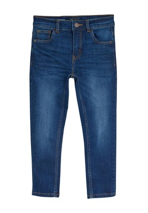 Jean slim en denim bleu avec fermeture à bouton et à glissière, poches avant et arrière, et détails de coutures orange.