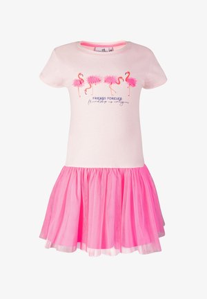 Růžové bavlněné šaty s krátkými rukávy, s nařasenou růžovou tylovou sukní a grafikou plameňáka s nápisem "PŘÁTELÉ NAVŽDY".