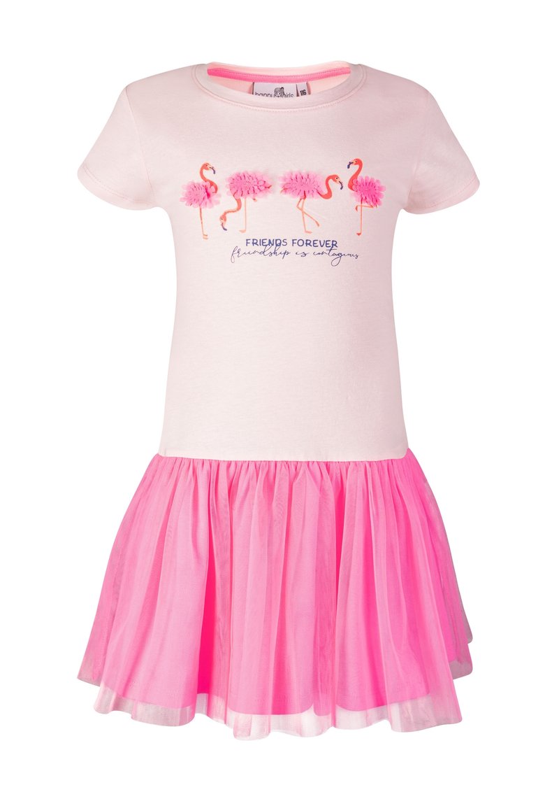 Różowa bawełniana sukienka T-shirt z krótkimi rękawami, z marszczoną różową spódnicą z tiulu oraz grafiką flaminga z napisem "PRZYJACIELE NA ZAWSZE".