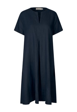 Navyblaues kurzärmeliges A-Linien-Kleid mit V-Ausschnitt, knielangem Saum und subtiler Textur, von der Marke Masai.