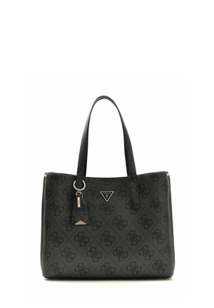Black Guess tote bag with monogram pattern, dual shoulder straps, and metal logo tag on front.