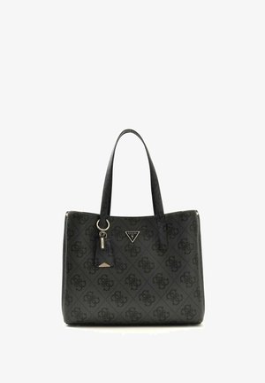 Sac fourre-tout noir Guess avec motif monogramme, doubles anses épaules, et plaque logo en métal sur le devant.