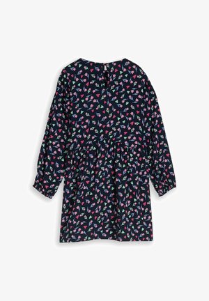 Langärmeliges, marineblaues Kleid mit geraffter Taille und durchgängigem Muster aus pinken, grünen und violetten Herzen und Blumen.