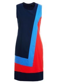 Sleeveless dress in navy, red, and blue. Features a color-block design with diagonal sections. Smooth, medium-weight fabric, knee-length.