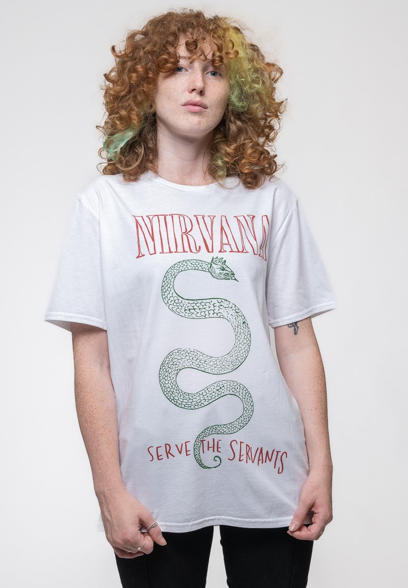 White cotton t-shirt with green snake graphic and red text "NIRVANA" and "SERVE THE SERVANTS," relaxed fit and short sleeves.