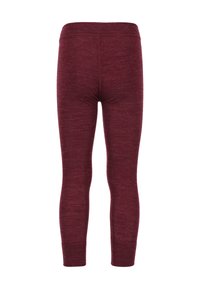 Bordeaux farbene Leggings aus weichem, strukturiertem Stoff; figurbetontes Design mit hohem Bund und langen, schmal zulaufenden Beinen. Keine sichtbaren Logos oder Muster.