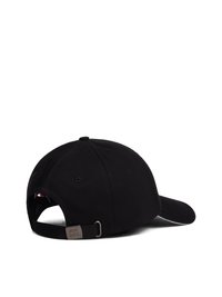 Black baseball cap with a curved brim, fabric texture, adjustable strap at the back, and a metal clasp with a logo detail.
