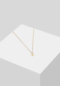 Collana d'oro con un pendente rotondo decorato con una stampa di zampa, appesa a una delicata catena, su uno sfondo chiaro.