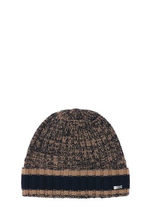 Knit beanie hat with mixed brown and black stitches and a wide black and brown ribbed cuff with a small white brand tag.