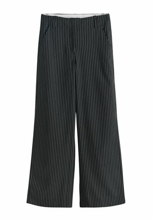 Black wide-leg trousers featuring a vertical white pinstripe pattern. Designed with side pockets and a smooth, lightweight fabric texture.