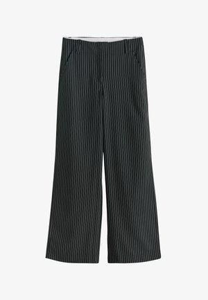 Black wide-leg trousers featuring a vertical white pinstripe pattern. Designed with side pockets and a smooth, lightweight fabric texture.
