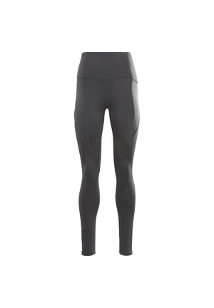 Sorte atletiske leggings med høj talje, glat tekstur og buede syninger langs siderne. Ingen mønstre eller accenter synlige.