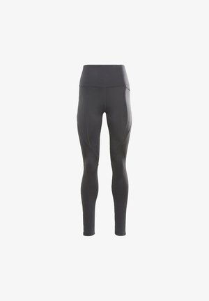 Black athletic leggings with a high waistband, smooth texture, and curved seam detailing along the sides. No patterns or accents visible.