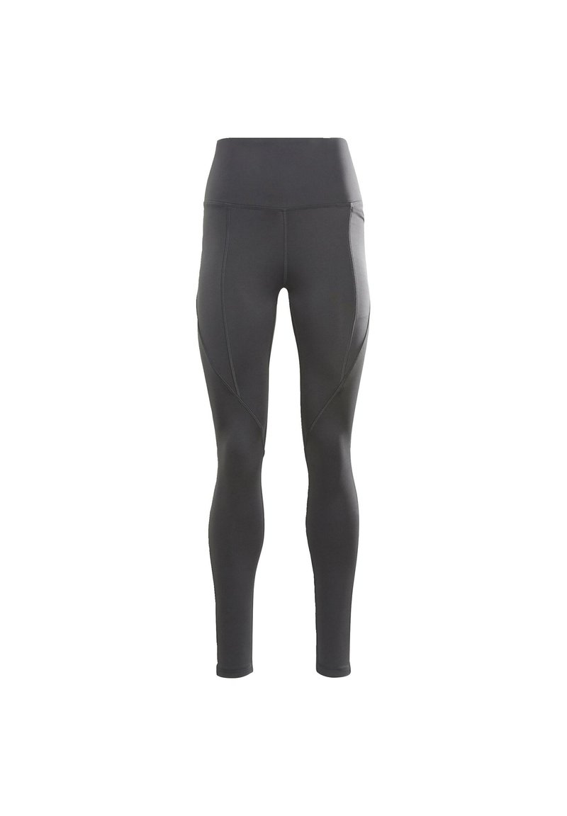 Leggings de sport noirs avec une taille haute, texture lisse et coutures incurvées le long des côtés. Aucun motif ni accent visible.