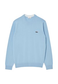 Lichtblauwe crewneck trui gemaakt van zachte stof, met een geribde halslijn en manchetten, en een klein geborduurd logo op de borst.