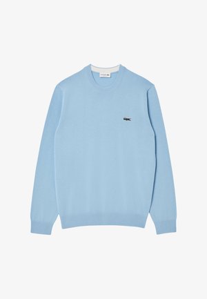 Suéter de cuello redondo en azul claro, hecho de una tela suave, con un cuello y puños acanalados, y un pequeño logo bordado en el pecho.