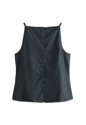 Tmavý denimový tielkový top s tenkými ramienkami a predným zapínaním na päť tmavých gombíkov.