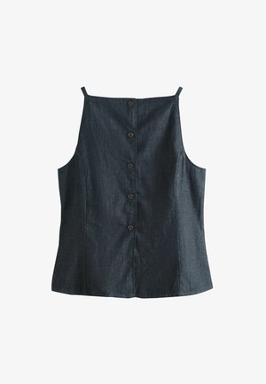 Dunkelblaue ärmellose Jeansweste mit dünnen Schulterträgern und vorne fünf dunkle Knöpfe zum Schließen.
