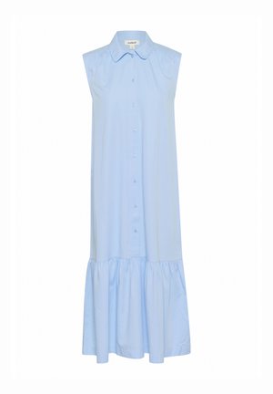 Sinine ilma varrukateta kleit nööbiga esiosas, krae ja laieneva alumise servaga. Valmistatud siledast kangast, millel on pehme tekstuur.