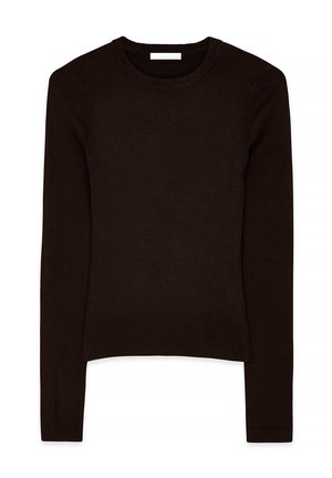 Sort, langærmet strikket sweater med rund hals, der har et tekstureret ribmønster og en lige nederste kant.