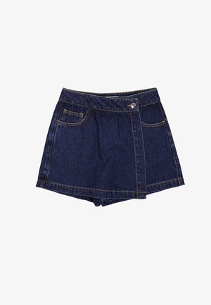 Dunkelblaue Denim-Shorts mit einem Bund mit Knopf, vier Taschen und gelben Nähten. Gerader Schnitt mit leicht ausgestellt geschnittenem Saum.